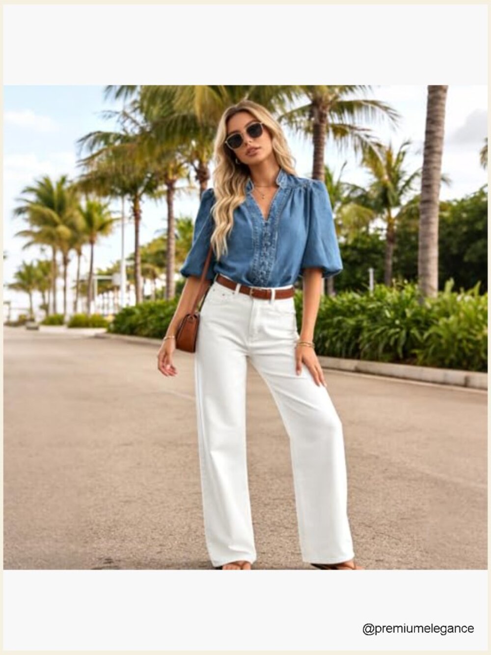Vintage V Neck Denim Shirt 3/4 Lantern Sleeve Button Down Blouse - Picture 4 of 6